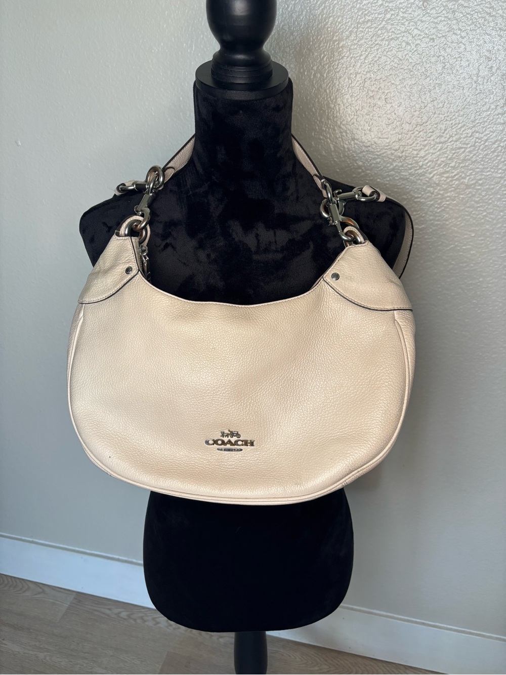 Coach Pebbled Leather Mara Hobo Purse Shoulder Bag with Crossbody Strap in Cream